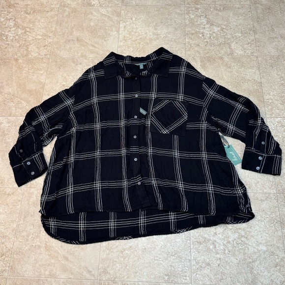 Terra & Sky Women’s Plus Size Plaid Viscose Black White Button Shirt 4X New - Picture 2 of 11